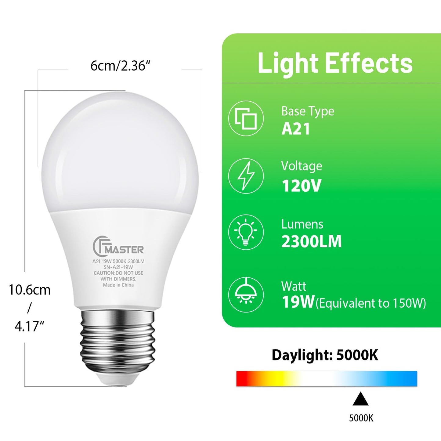 JIANGSILING A21 LED Light Bulb, 150W Equivalent Light Bulbs, 19W 5000K Daylight, 2300 Lumens, Non-Dimmable LED Bulb, E26 Standard Base for Indoor