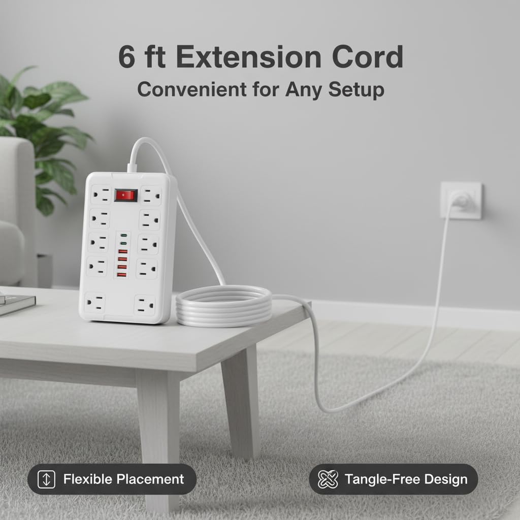Surge Protector Extension Power Strip Cord Plug, 10 Widely Spaced Outlets and 6 USB Charger(2 USB C Port), 6 Ft, for Travel, Office, Dorm Room