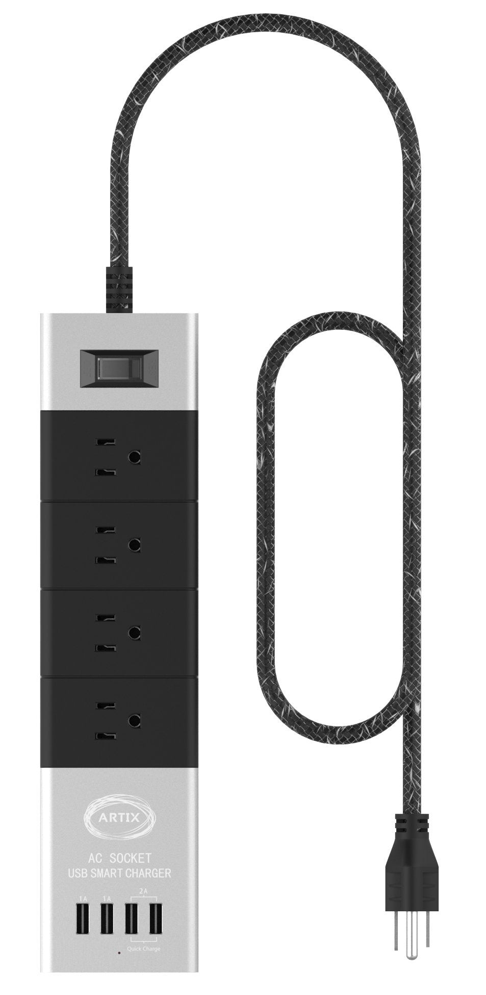Power Strip Surge Protector by Artix NRGPower C500, Aluminum with Scratch-Proof Rubber Protective Outlets, 4 Outlets and 4 USB Ports, iSmart