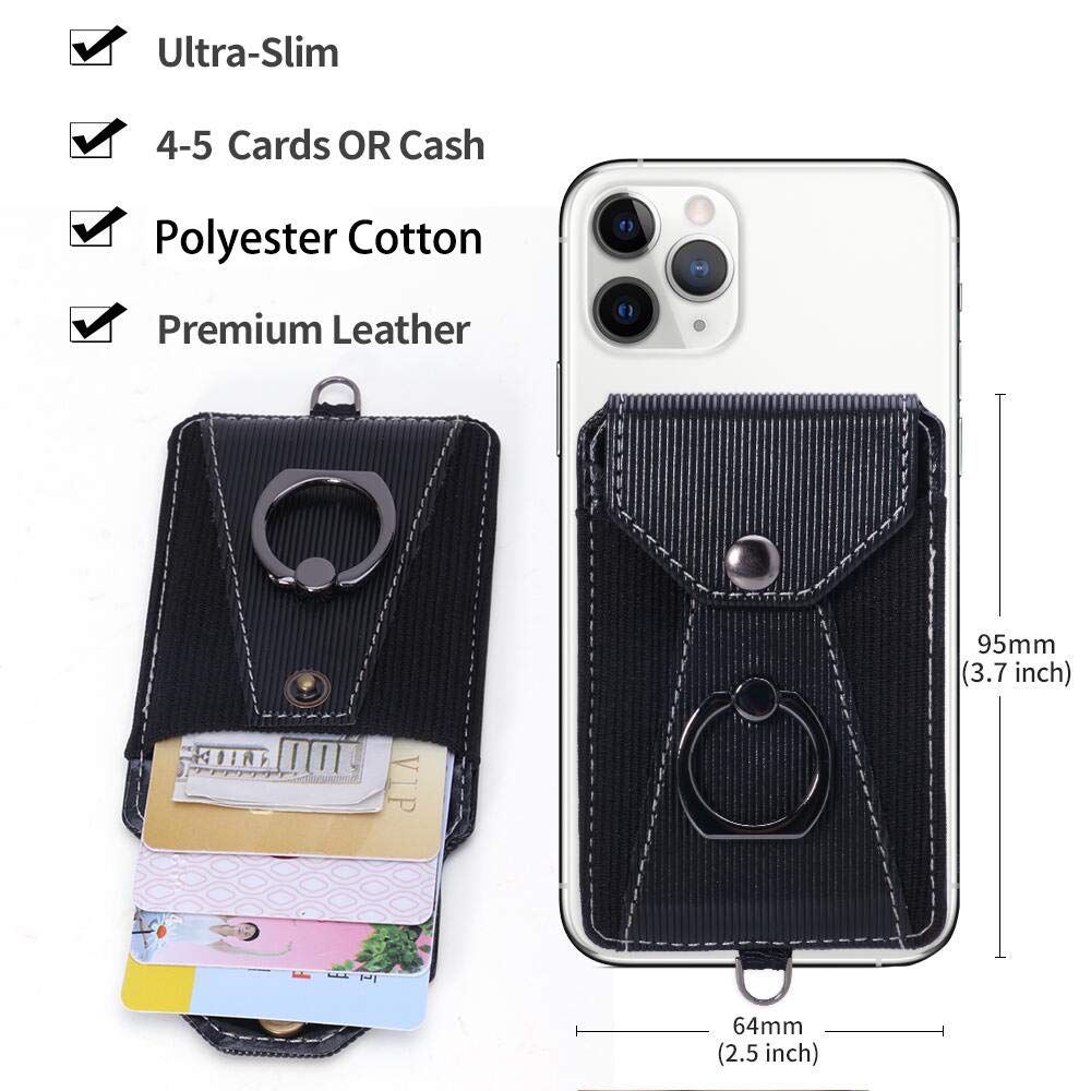 YUNCE Cell Phone Card Holder,Card Holder for Back of Cell Phone with Ring Grip Stand,Adhesive Stick-on Credit Card Wallet Pocket with Detachable Neck