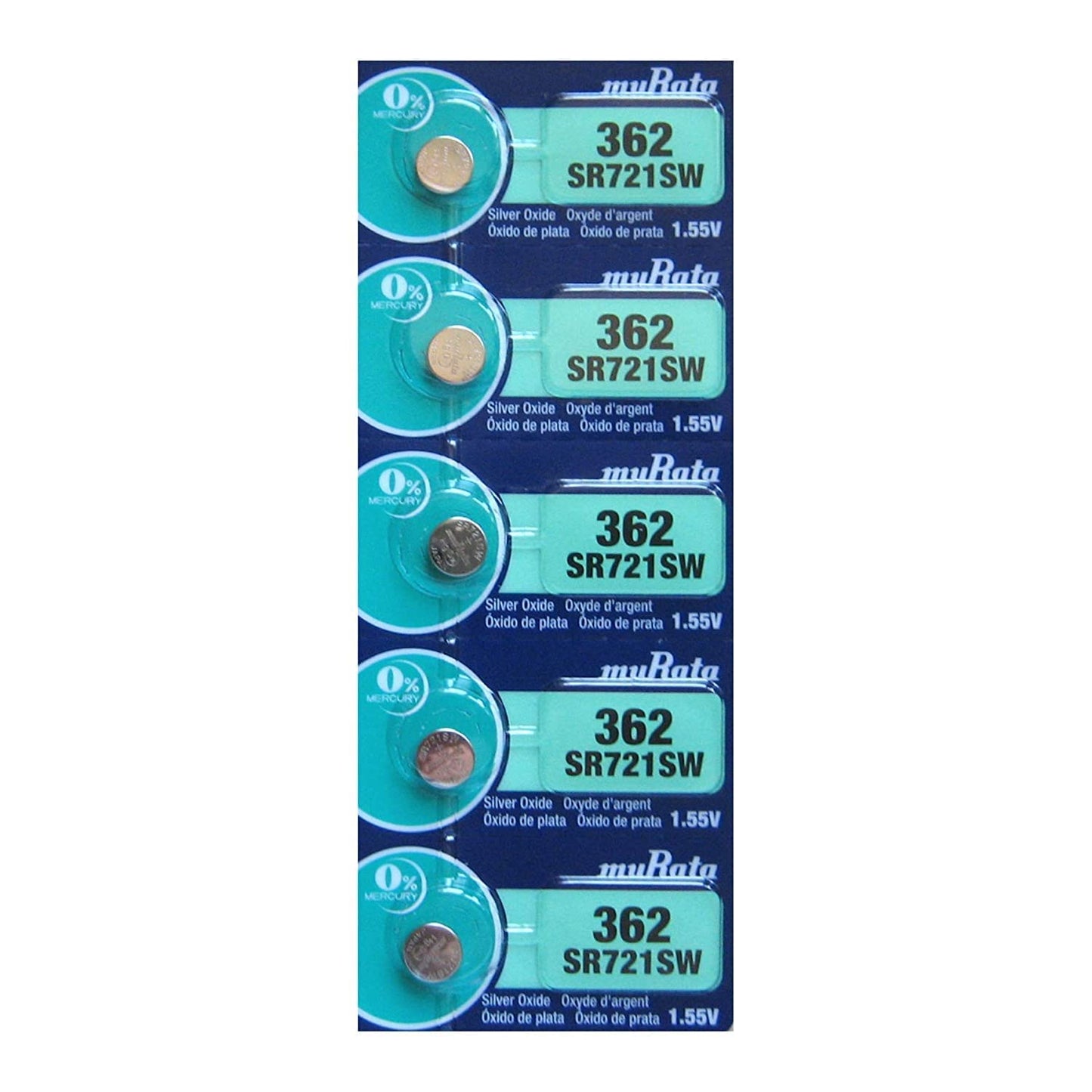 Murata 362 Battery SR721SW 1.55V Silver Oxide Watch Button Cell (5 Batteries)