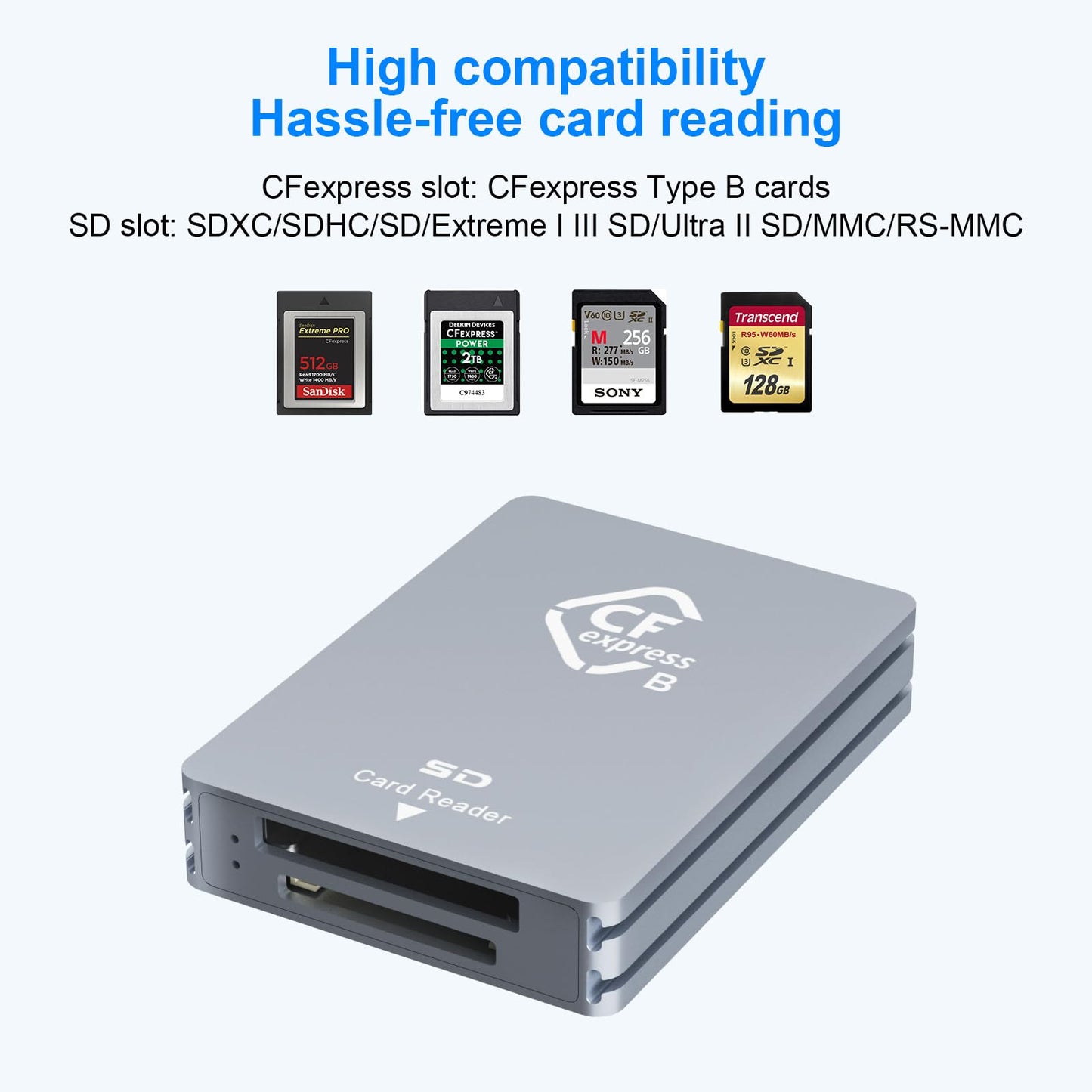 CFexpress Type B/SD Dual Slot Card Reader - USB C 3.2 Gen 2 10Gpbs, Compatible with SD Memory Card, Aluminum Adapter with USB C to USB A Cable
