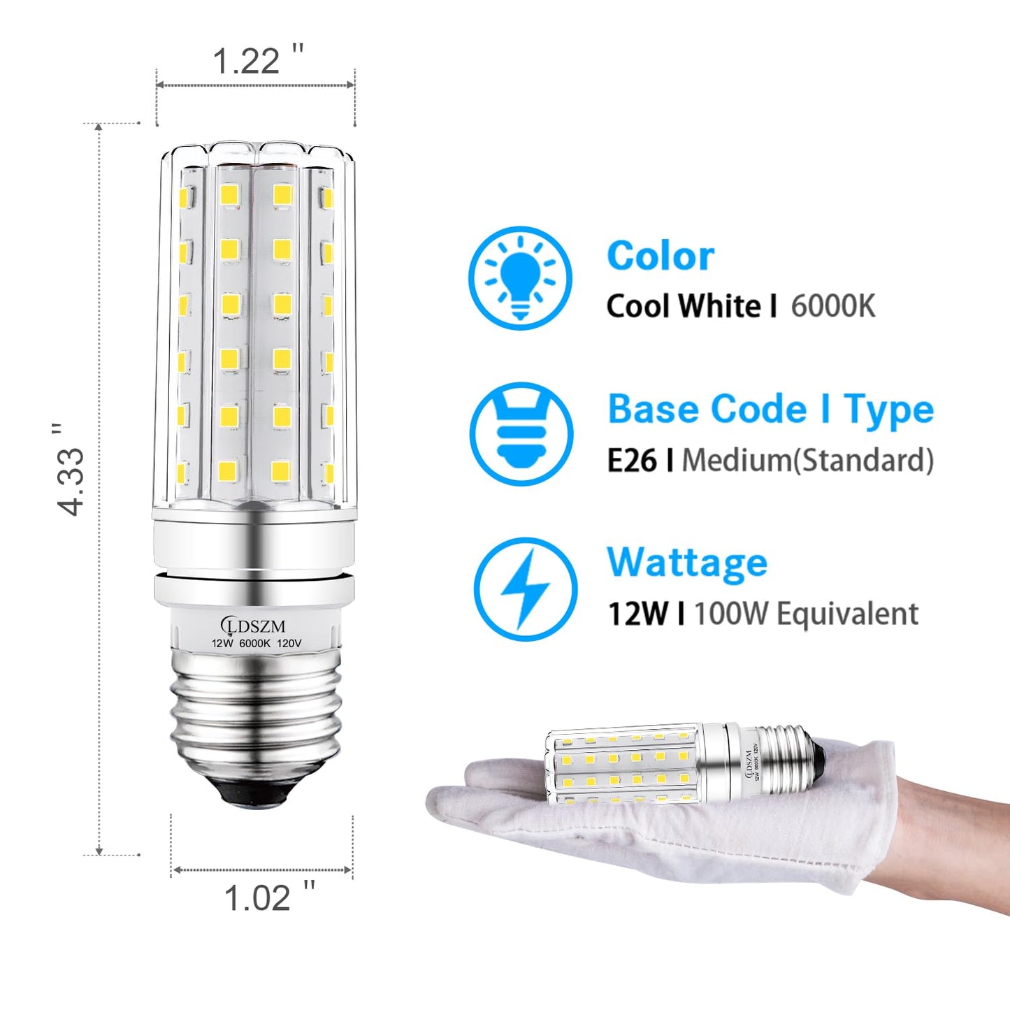 LDSZM LED Light Bulb 100w Equivalent 1200 Lumen 6000K Cool Daylight White 12W LED Super Bright Bulb E26 Base Non-Dimmable Chandelier Light Bulbs