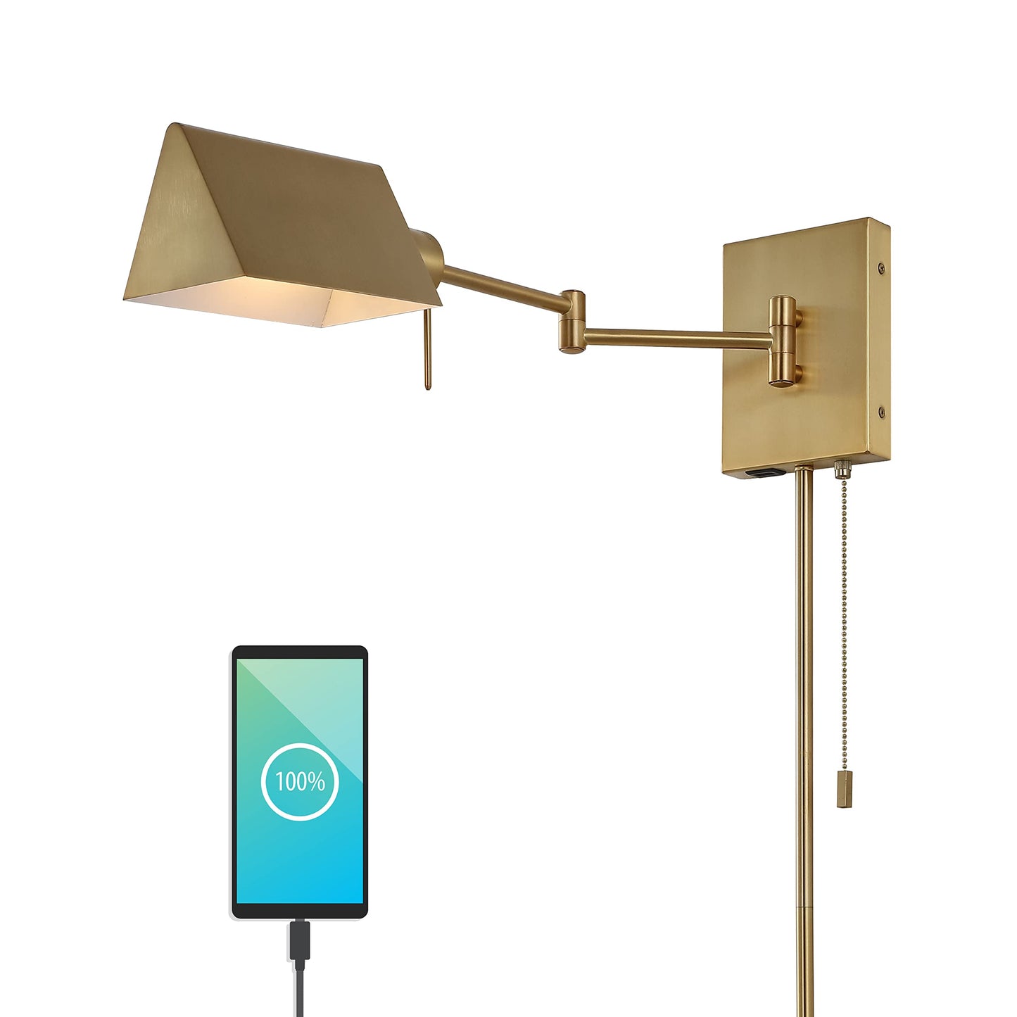 JONATHAN Y 22" Brass Gold Swing Arm Wall Sconce, Plug-in or Hardwired with USB Charging Port and Pull Chain, Iron Shade, Industrial LED Reading Lamp