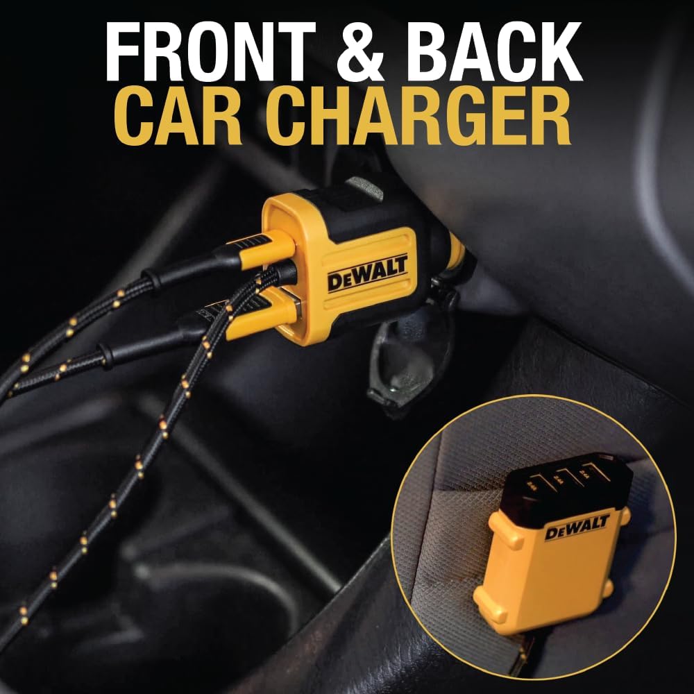 DEWALT Heavy Duty 72W 5 Port USB Car Charger Multiport, iPhone 16 Multi USB Car Charger, Fast Charge PD & QC3.0 Cigarette Lighter Adapter w/ 6FT