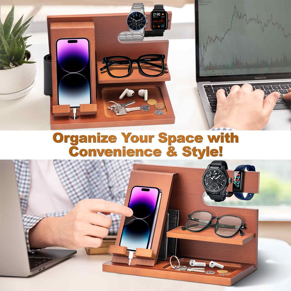 Wood Phone Docking Station - Gifts for Men Desk or Nightstand Organizer - Birthday Gifts for Husband, Fathers Day for Dad - Anniversary Idea from Wife