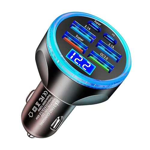 Full PD 30W Multi Port USB C Car Charger Adapter 6 in 1 with Voltage Display, PD4.0/QC4.0/PPS/AFC Super Fast Charging Cigarette Lighter Adapter