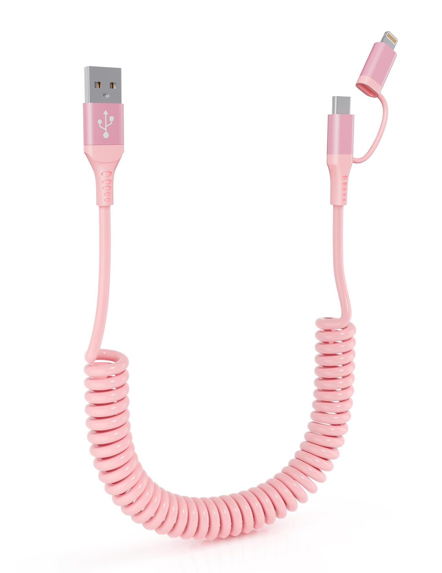 2-in-1 Coiled USB-C & Lightning Pink iPhone Car Charger - Pink Charger for iPhone 16/15/14/Android, Apple CarPlay & Android Auto Supported, Short…