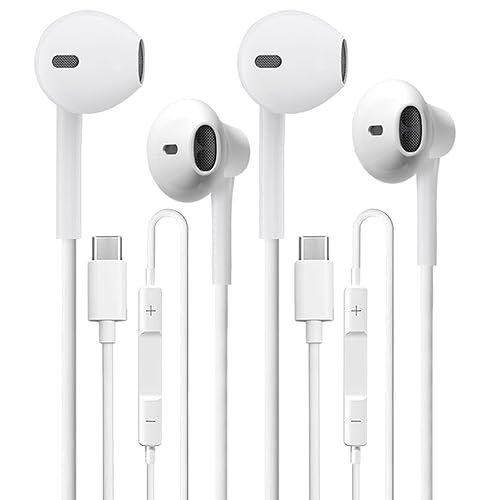 USB C Headphones 2 Pack，USB Type C Earbuds HiFi Stereo USB C Wired Earphones with Microphone Volume Control Compatible with Samsung Galaxy S23 S22…