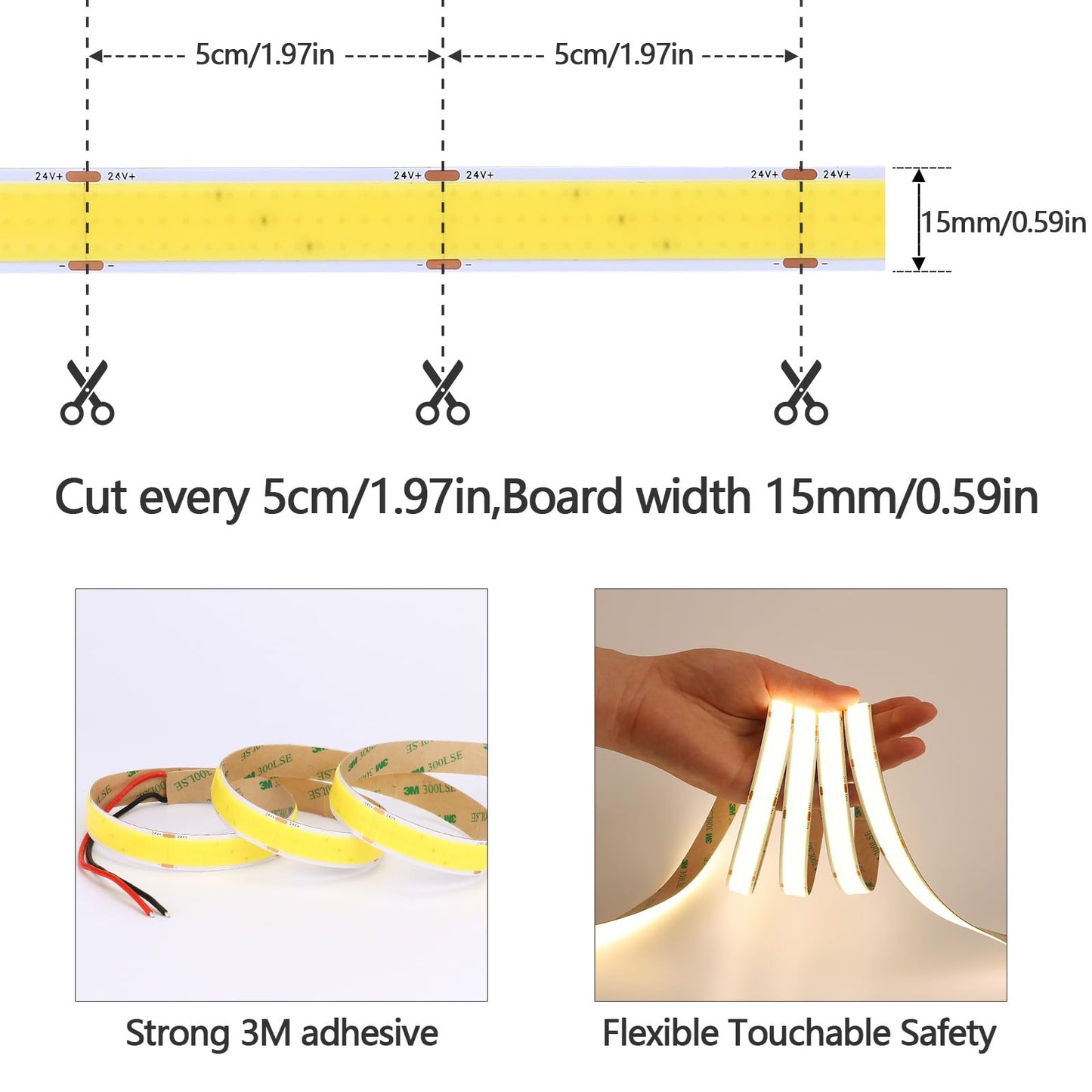 GOMING 24V 15mm Width COB LED Strip Natural White 4000K 960LED/M 16.4ft(5M) 120W High Brightness 13750lm CRI 93+ Big Luminous Surface IP20 Not