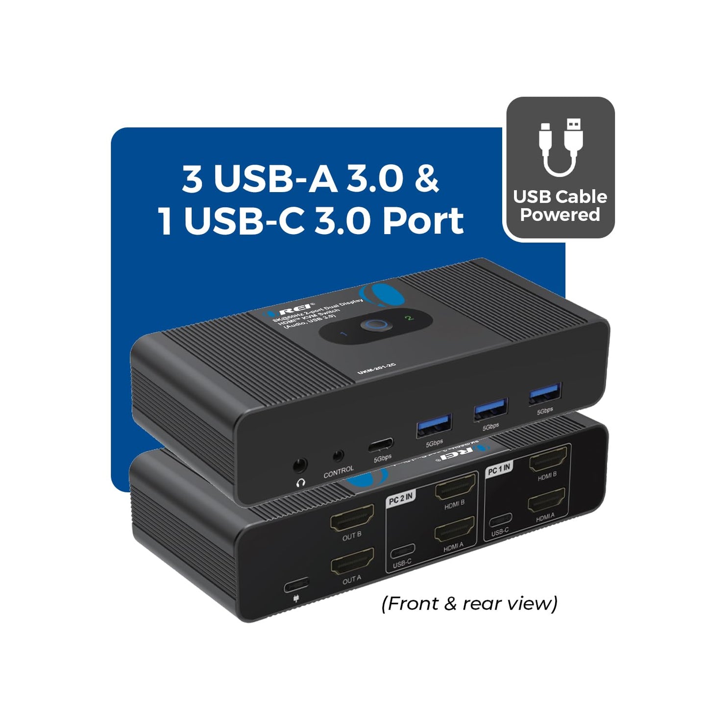 OREI 2x1 8K Dual HDMI & USB-C KVM Switch, 3X Port USB-A, 1x USB-C Share Multiple Devices, Laptops, PC, on Two Display Monitor, Keyboard Control