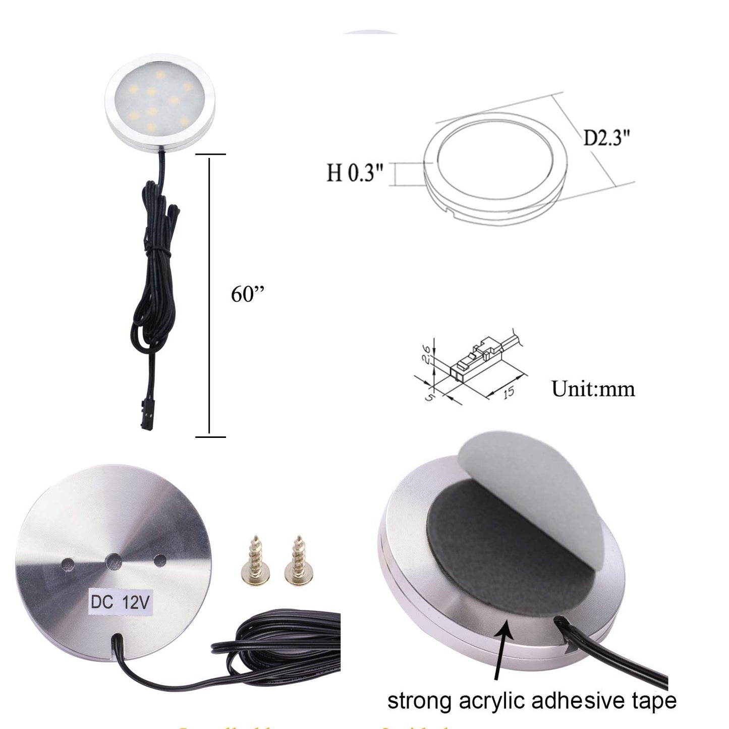 AIBOO 12V LED Under Cabinet Lights Kit 6 Pack Black Cord Aluminum Puck Lamps for Kitchen Counter Closet Lighting with Manual on/Off Switch 12W 6