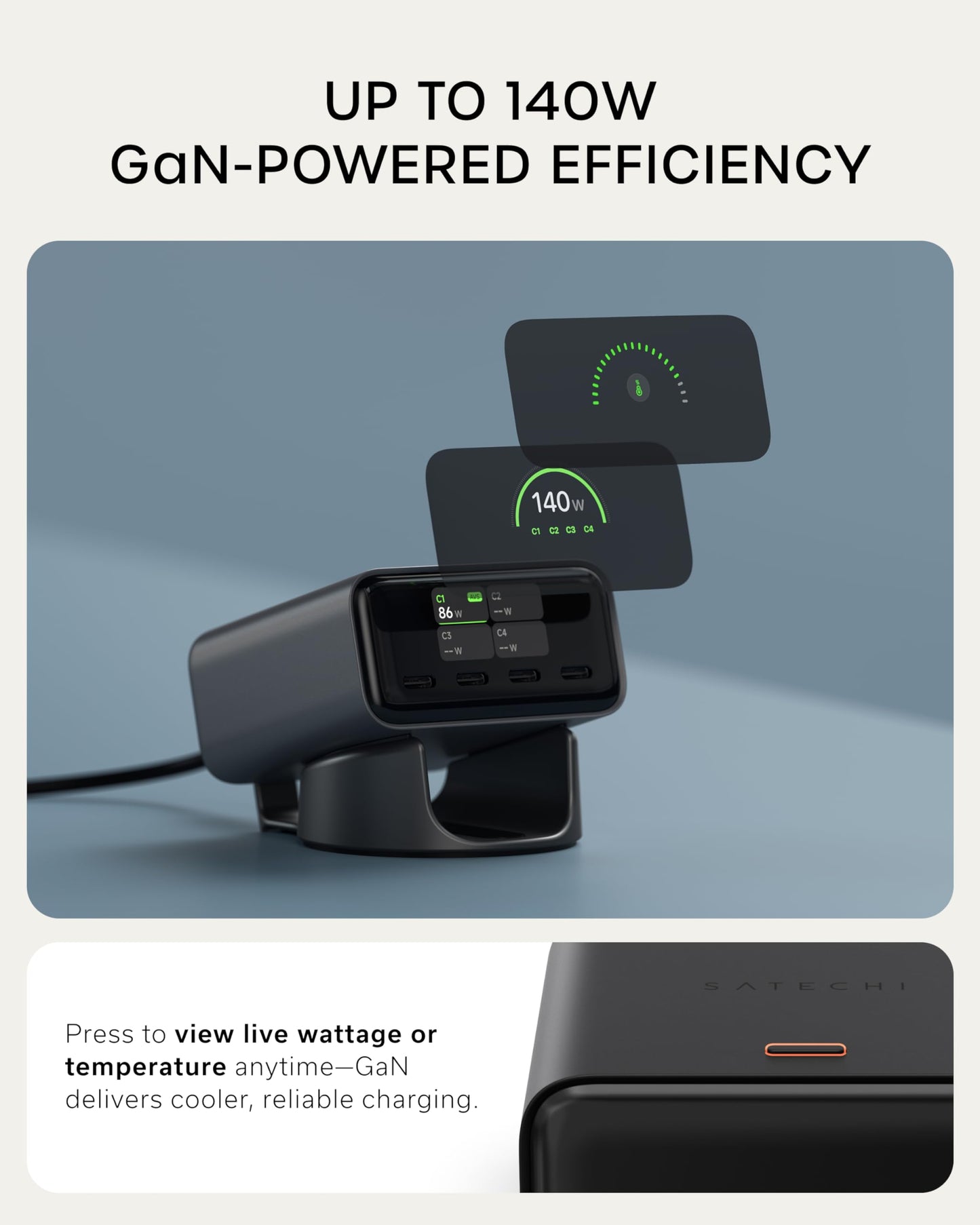 Satechi ChargeView™ 140W Desktop Charger, GaN Charging Station with Live Power Display, Four USB-C Ports, Designed for Modern Workspaces, Space Black