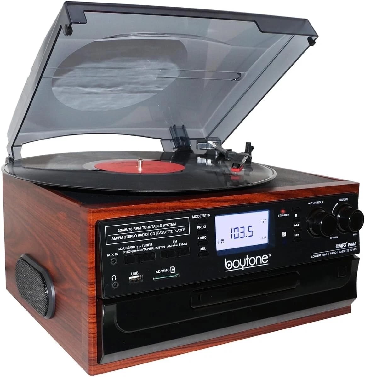 Boytone BT-22M, Bluetooth Record Player Turntable, AM/FM Radio, Cassette, CD Player, 2 Built in Speaker, Ability to Convert Vinyl, Radio, Cassette, CD