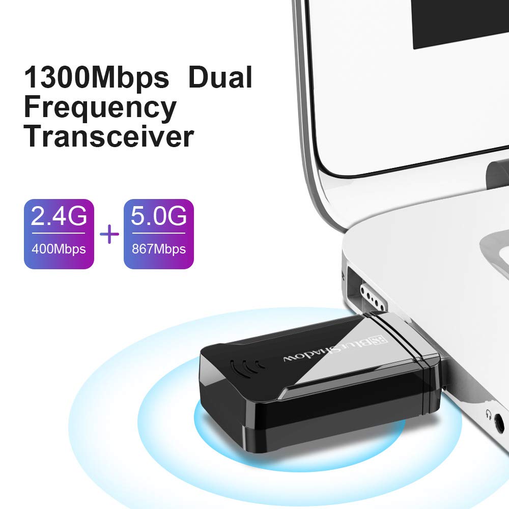 Blueshadow AC1300 USB WiFi Adapter - 2.4G/5G Dual Band Wireless Network Adapter for Desktop Computers PC, MU-MIMO WiFi Dongle, USB 3.0, Supports