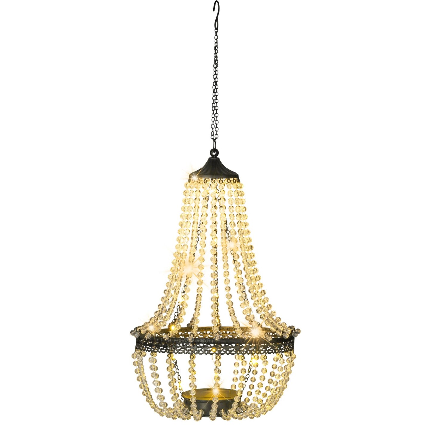 Hanging Solar Lantern Outdoor, 28” Modern Clear Crystal Acrylic Chandelier with 30 Warm White Lights S Hook for Garden, Yard, Patio, Gazebo