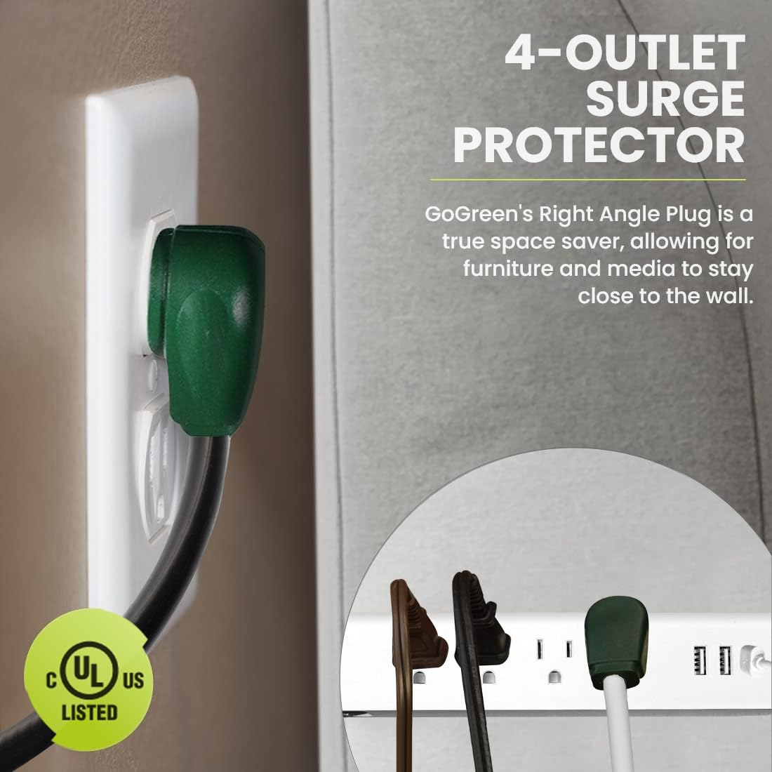Go Green Power Inc. 6-ft Cord Surge Protector with 4 Outlets, USB-A and USB-C, 450 Joules - Compact, Heavy Duty, Circuit Breaker - Ideal for Home