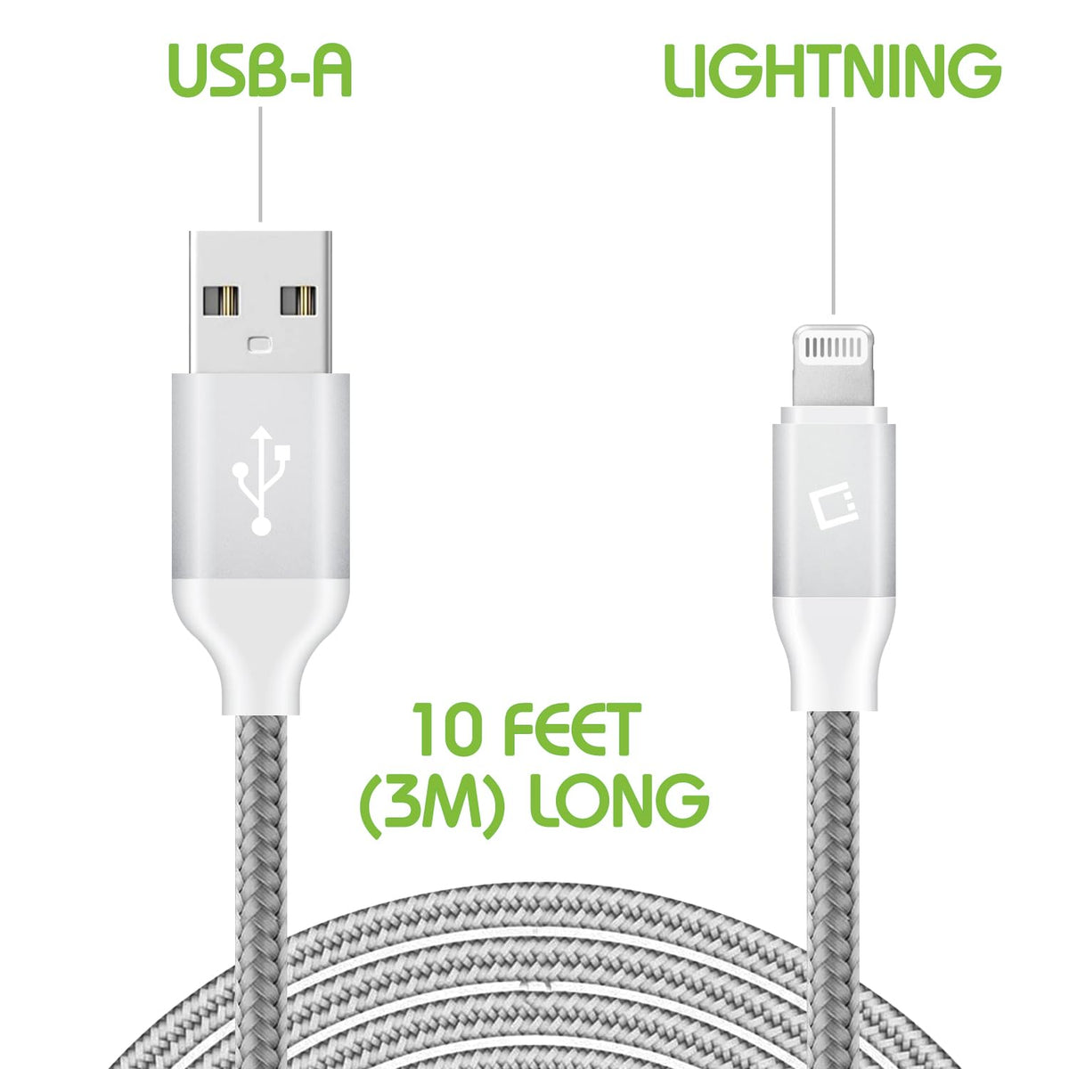 Cellet Phone Charger, USB Lightning 8 Pin Data Sync and Charge Cable - Heavy Duty Nylon Braided 10 ft. Cord Compatible for Apple iPhone 13 Pro Max, 13