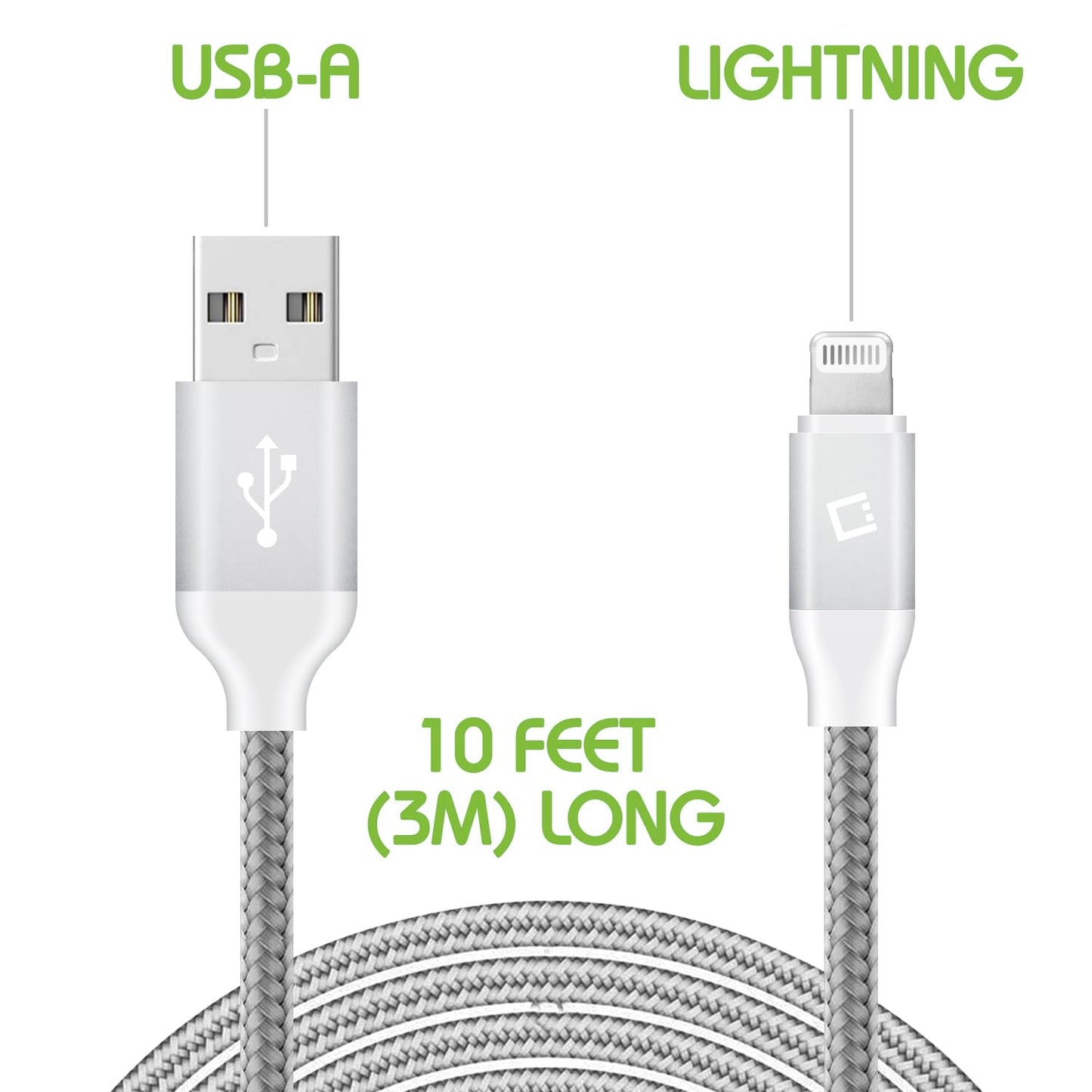 Celle Heavy-Duty Nylon Braided Lightning Cable - 10FT (Apple MFi Certified)