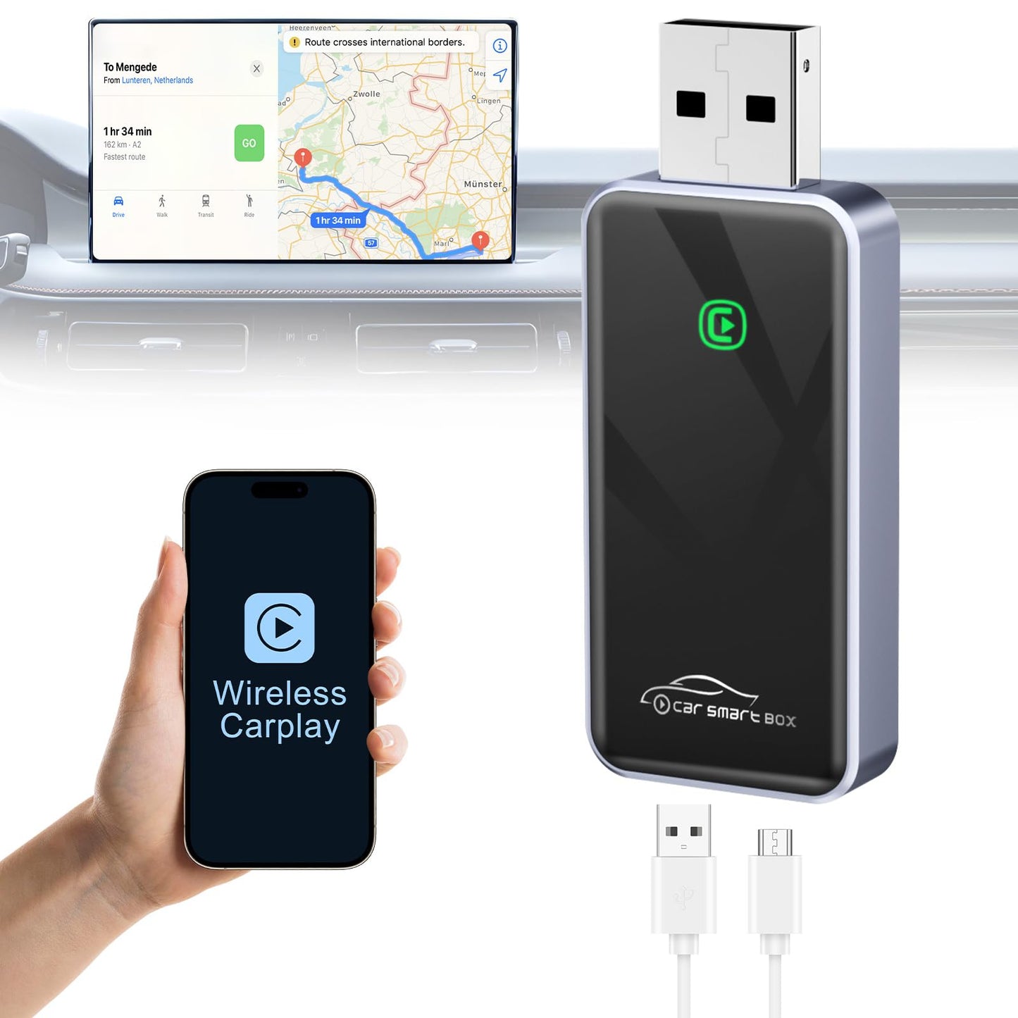 Aceotle Wireless CarPlay Adapter for iPhone, HD Navigation Vehicle-Level Chip Stable Connect, Bluetooth CarPlay Plug & Play Convert Wired to Wireless