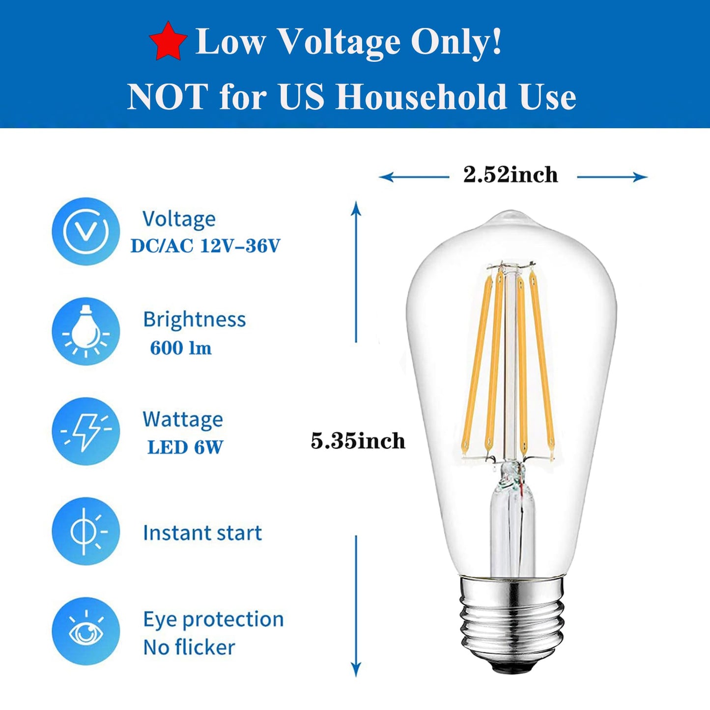 Beonllay 12V Edison Bulb E26 6W 12 Volt Light Bulb 12V 24V 36V DC/AC