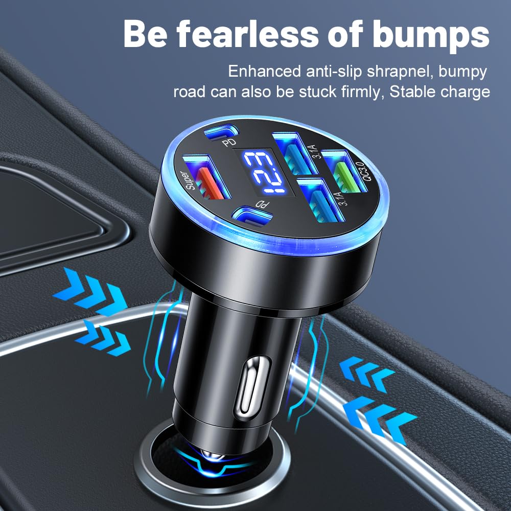 Super Fast Charging 150W 6-Port USB C Car Charger Adapter with Voltmeter, 2PD +2USB 3.1A + QC3.0 &Super Multi Port Cigarette Lighter USB Charger