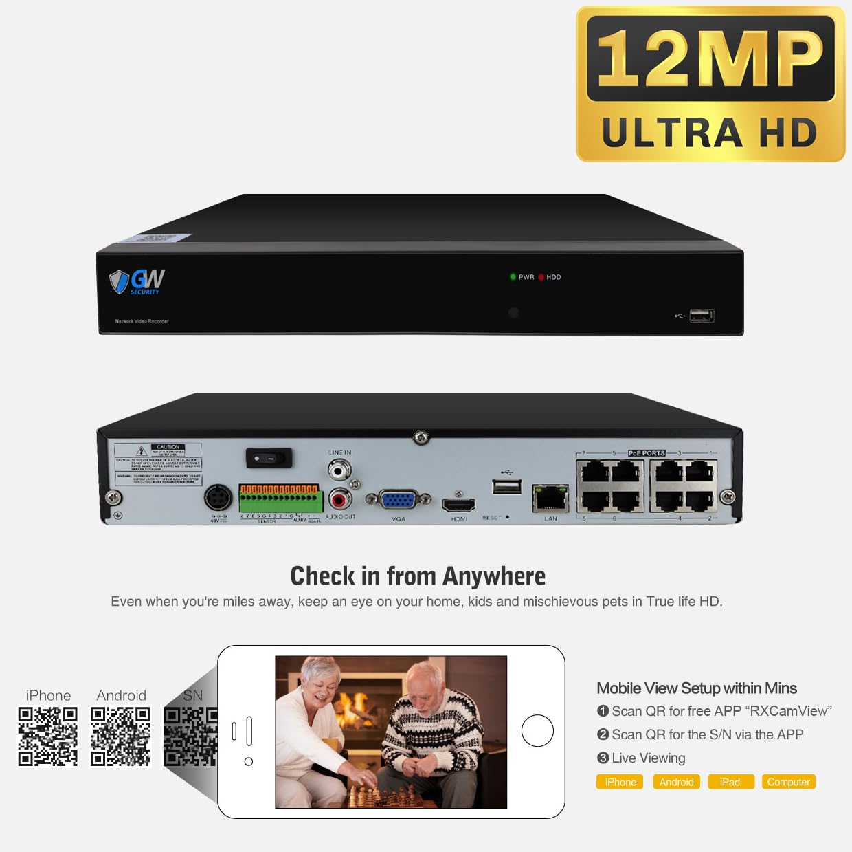 GW Security 8 Channel 12MP NVR with (4) x UHD 8MP 4K IP POE 4X Optical Zoom Motorized Two-Way Audio Auto Tracking PTZ Camera, Face Recognition