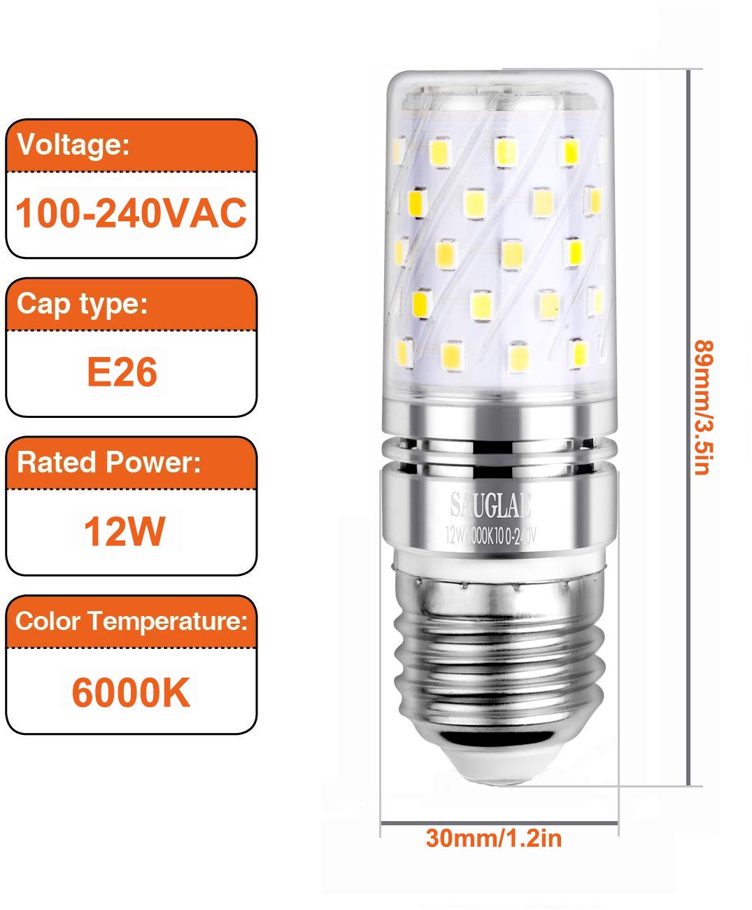SAUGLAE LED 12W Corn Bulbs, 100W Incandescent Bulbs Equivalent, 6000K Cool White, Non-Dimmable, 1200Lm, E26 Edison Screw Light Bulbs, 4-Pack