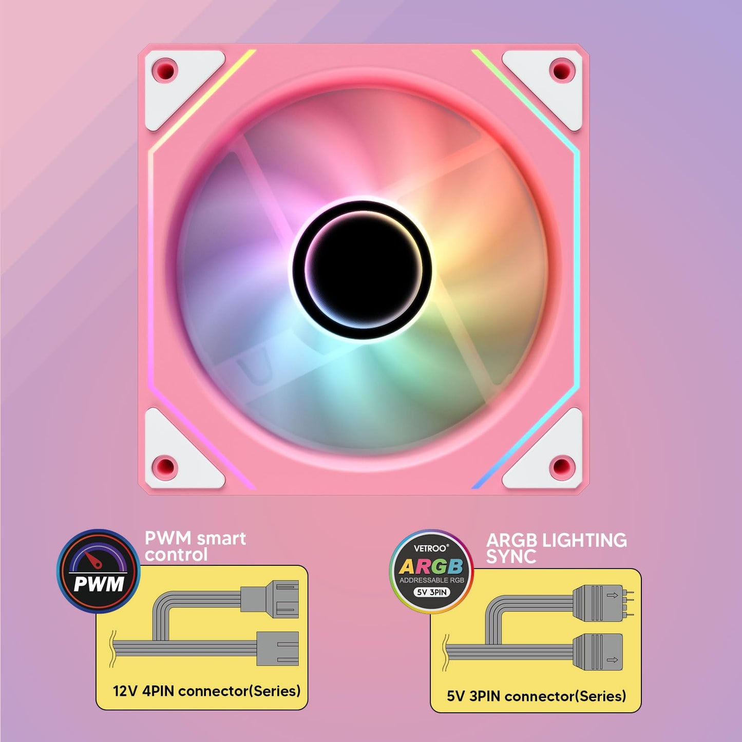 Vetroo Pink LF120 3-Pack Infinite Mirror PC Fan 120 mm ARGB Case Fan with ARGB & PWM Smart Control, FDB Bearing, Controller Included, Nine Blades