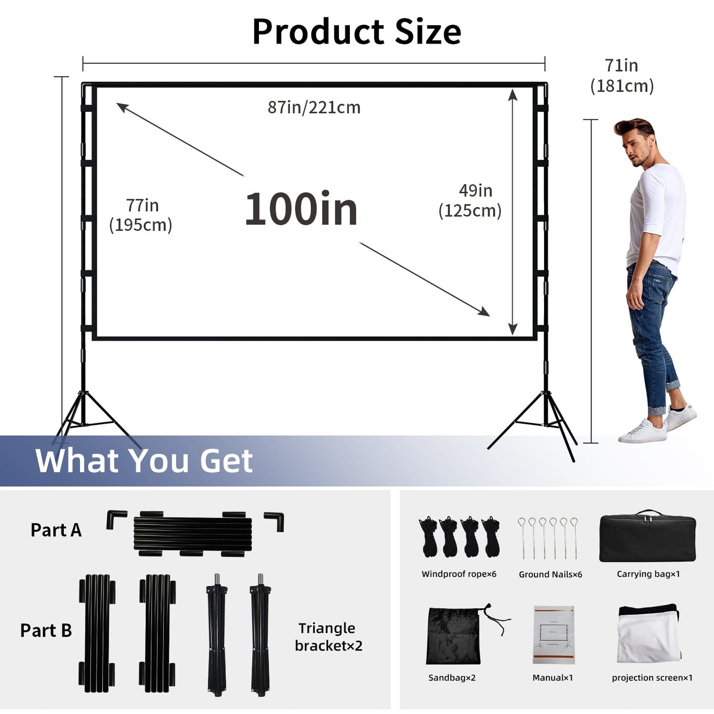 Projector Screen with Stand, Wootfairy 100 inch Foldable and Portable Projection Screen 16:9 4K HD Rear Front Wrinkle-Free Movie Screen with Carry Bag