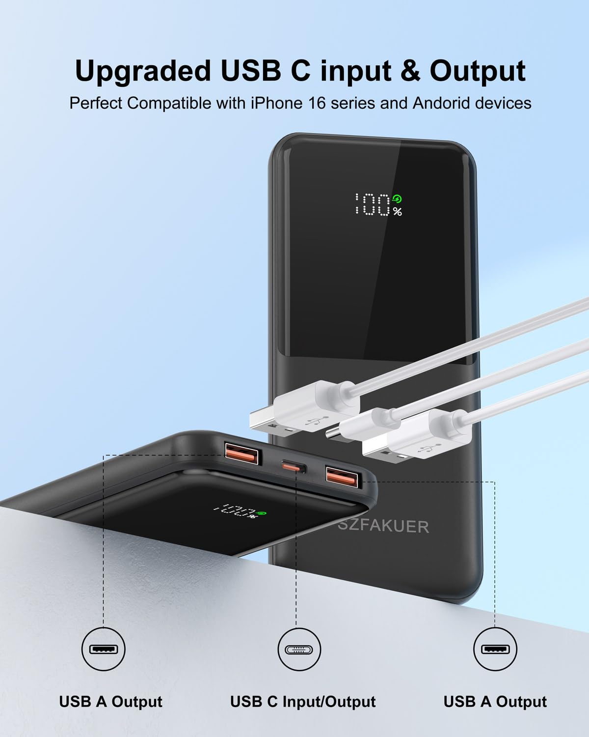 Szfakuer Portable Charger,Slim 10000mAh Power Bank,22.5W USB-C Fast Charging Battery Pack Compatible with iPhone 17/16/15/14/13/12 Pro Samsung Galaxy