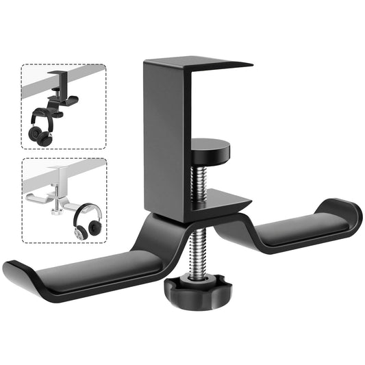 MoKo Headphone Hanger, Aluminum 360° Rotating Dual Headphone Stand Under Desk Headset Holder Earphone Mount with Adjustable Clamp for All