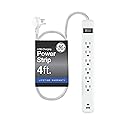 GE 6-Outlet Power Strip with USB, 1 USB-A & 1 USB-C Port, 4ft Braided Extension Cord, Circuit Breaker, Wall Mountable, ETL Certified, White, 85706
