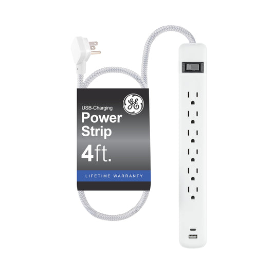 GE 6-Outlet Power Strip with USB, 1 USB-A & 1 USB-C Port, 4ft Braided Extension Cord, Circuit Breaker, Wall Mountable, ETL Certified, White, 85706