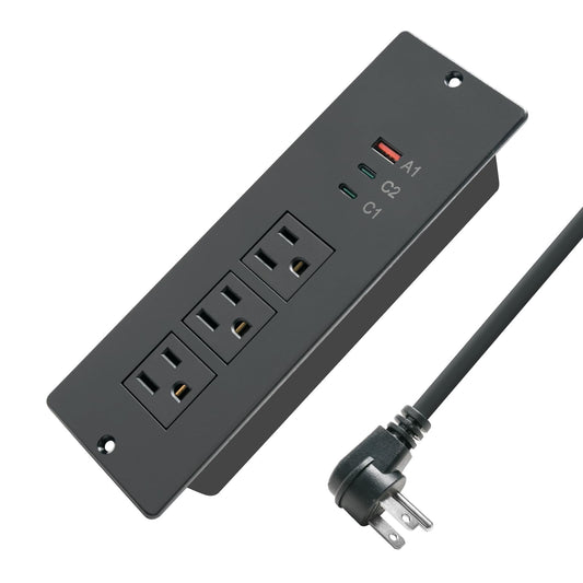 45W Recessed Power Strip USB C, Flush Mount Desk Extender 3 AC Outlets 2 PD USB-C&1 Fast Charge USB-A Ports,Flat Plug Extension Cord for Drawer