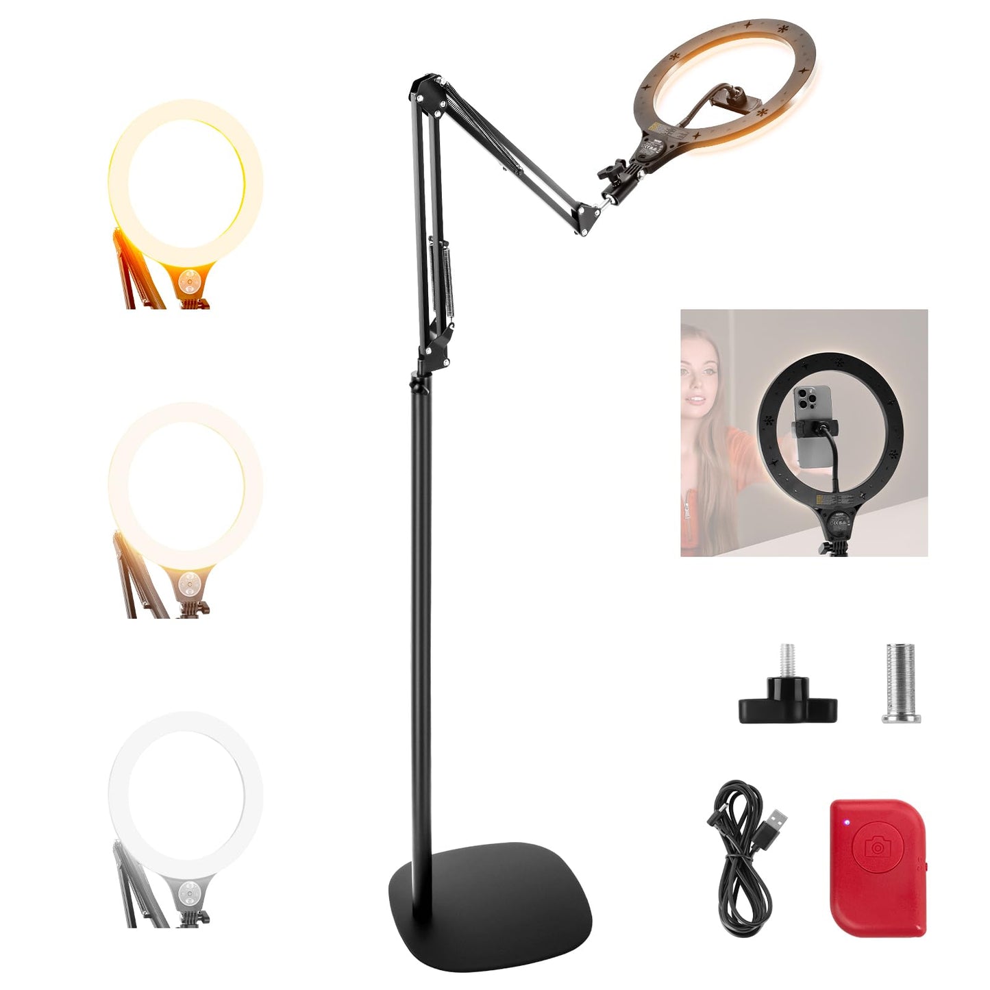 NEEWER Entry Level Version 10" 10W Ring Light with 46"-63" Stand, Overhead Phone Holder Mount Compatible with iPhone, Bi Color LED Selfie Lighting