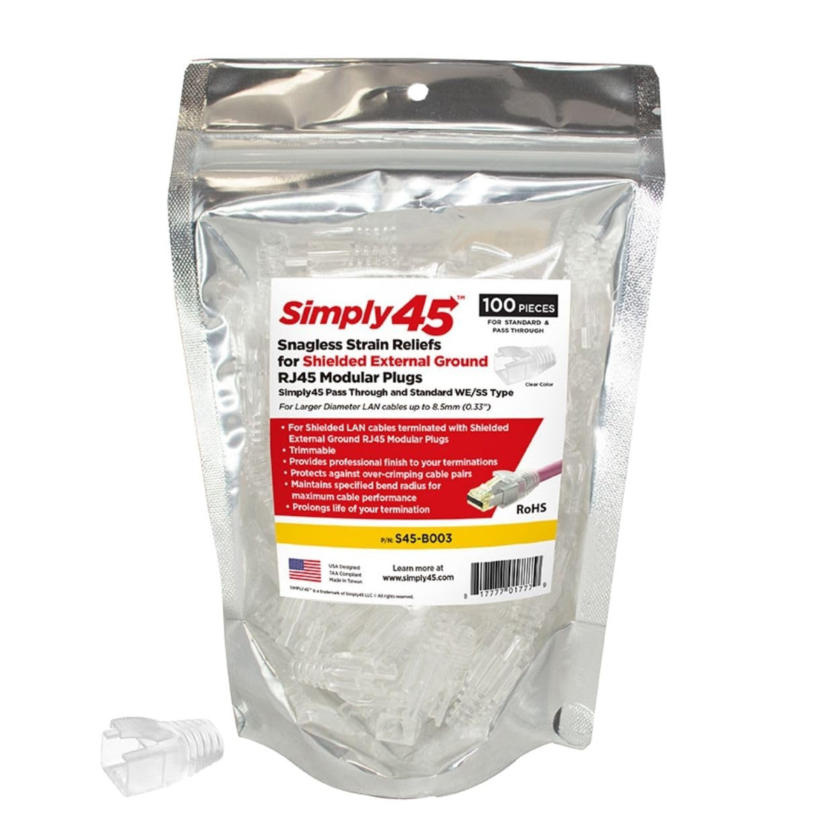 Simply45 8.5mm Strain Reliefs Shielded External Ground, 100Pcs