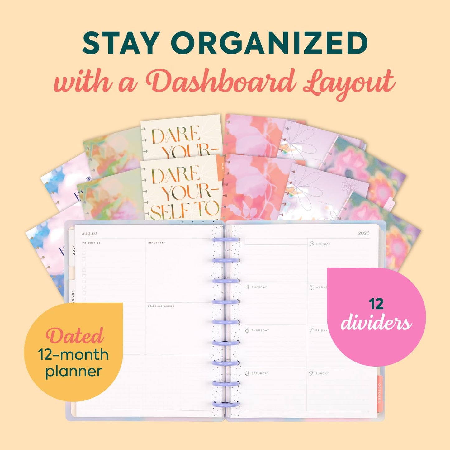 Happy Planner Disc-Bound Planner July 2024-June 2025, Includes 3 Extra Months and 2 Sticker Sheets, Classic Size, 7" x 9.25", Vertical Layout, Smiley