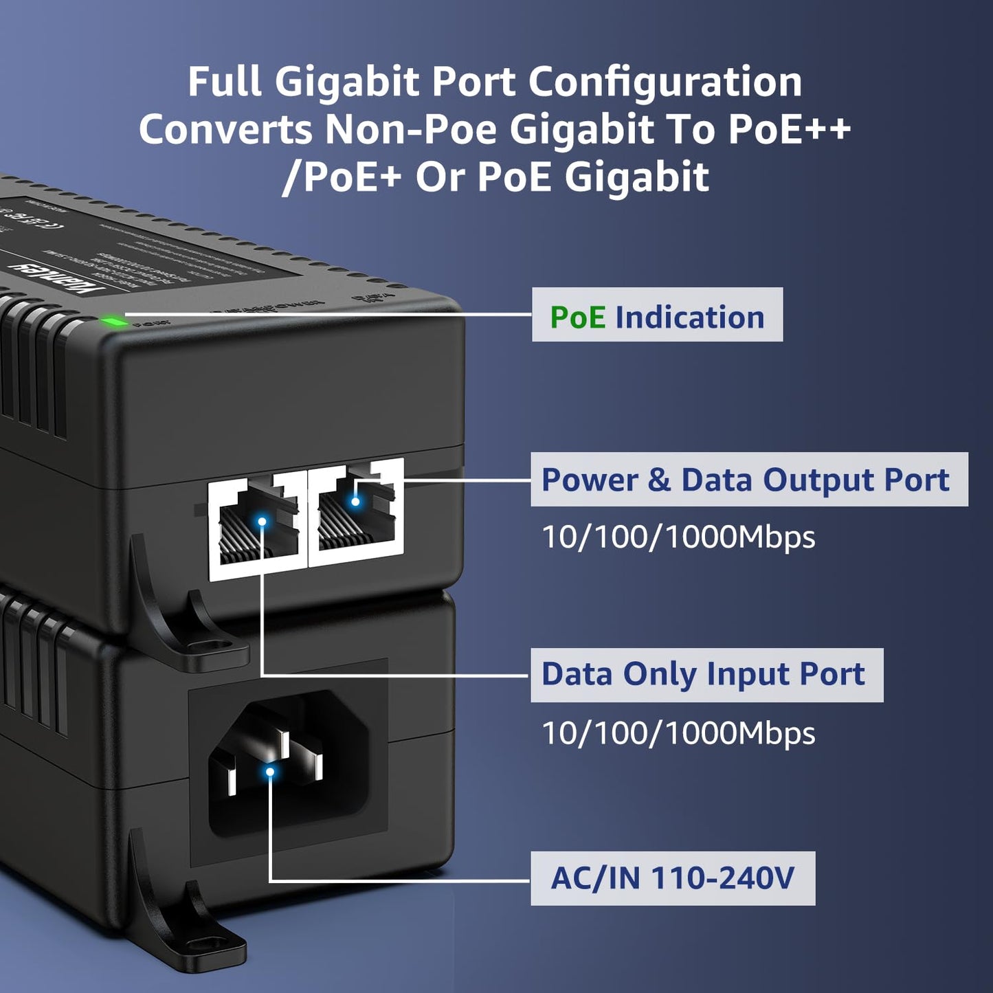 YuanLey Gigabit PoE Injector 60W, PoE++ Injector Converts Non-PoE to PoE++ Network, IEEE 802.3at/af, 10/100/1000Mbps PoE Adapter, Distances Up to 325