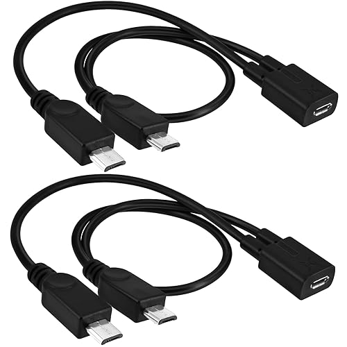 BERANMEY Micro USB 1 to 2 Splitter Cord, 2 Pack 0.3m/12inch Micro USB Female to Dual Micro USB Male Splitter Extension Charging Adapter Charge Cable
