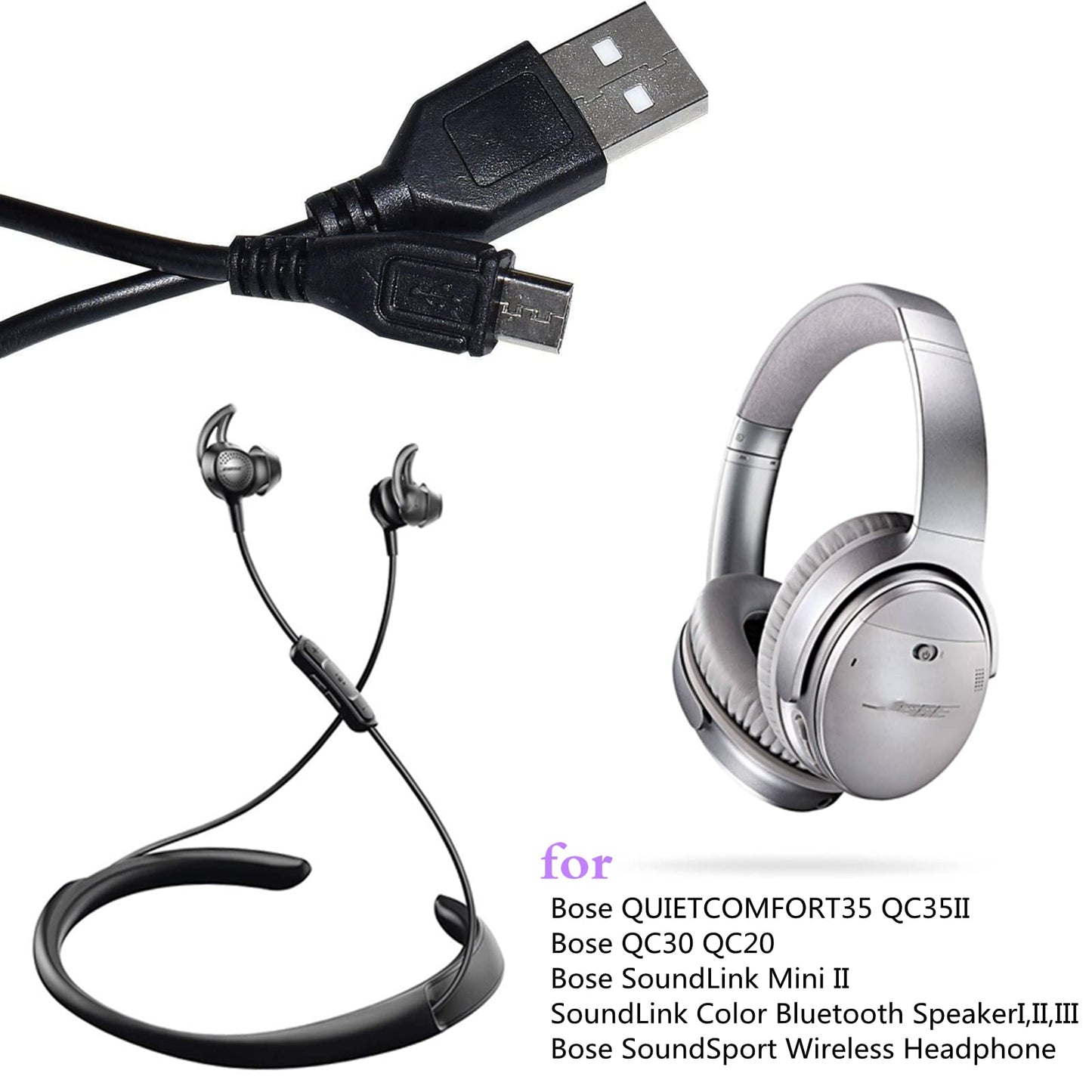 Aquelo QC35 Replacement Charger Cable Cord Compatible for Bose QUIETCOMFORT35 QC35II QC25 QC20 SoundLink II Over-Ear Wireless Headphones (Black)