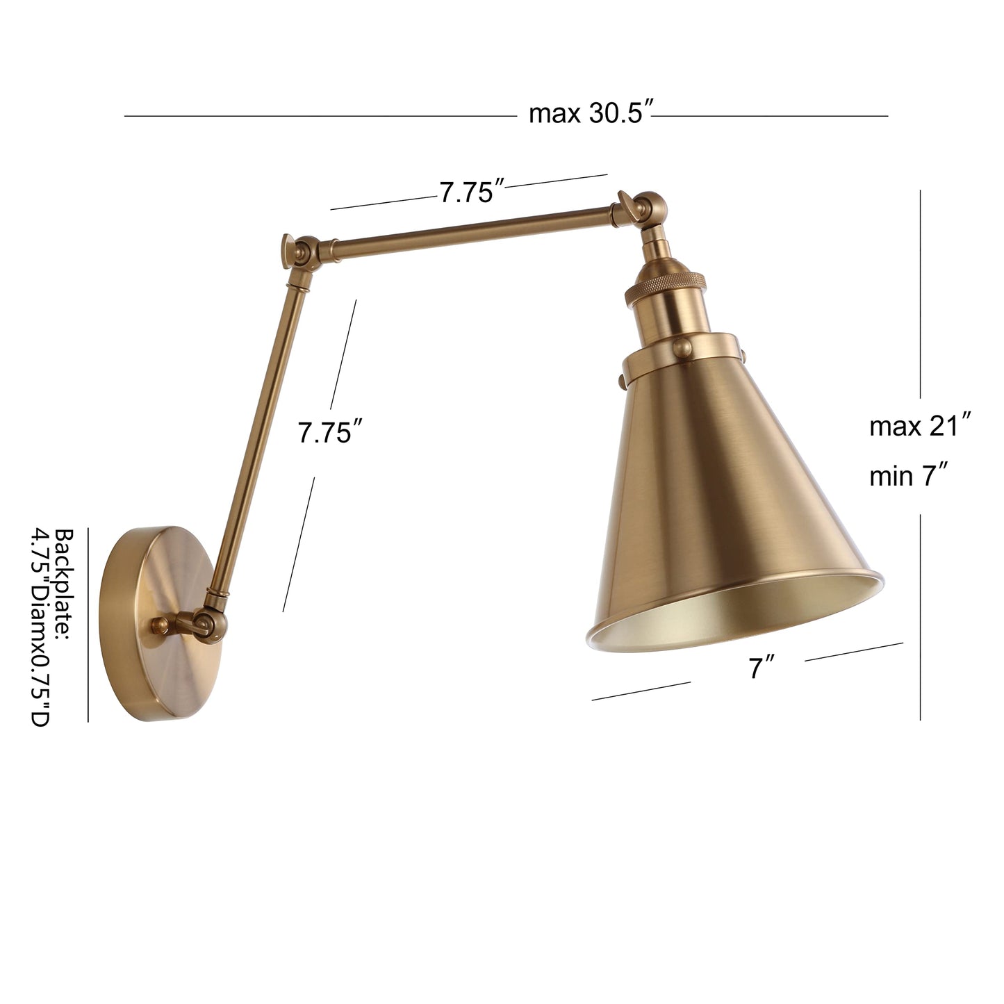 JONATHAN Y 7" Brass Gold Classic Industrial Metal Adjustable Arm LED Wall Sconce for Bedside Reading, Farmhouse Swing Arm Wall Lamp with Metal Shade