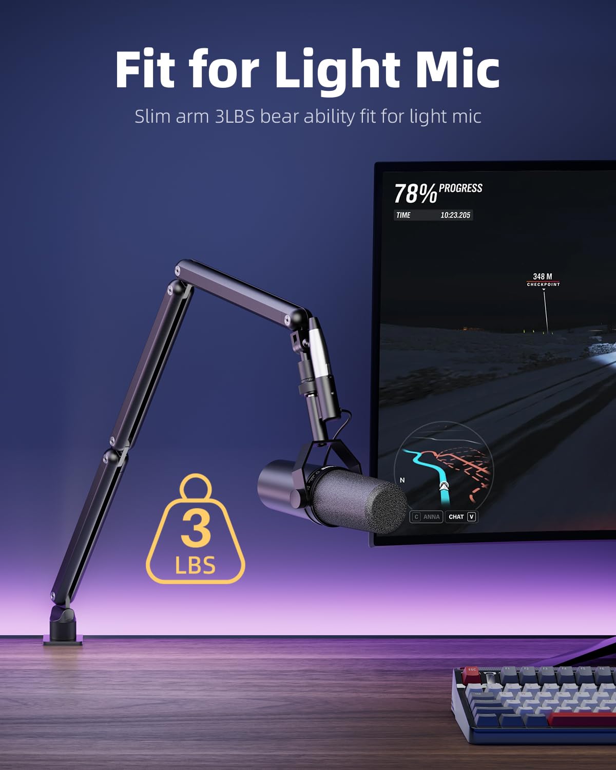 TODI Mic Arm for Lightweight Mics, Microphone Arm Rotatable, Storable Desk Mic Stand for Bear 3LB with Mount Clamp, Mic Stand Boom Arm with Cable