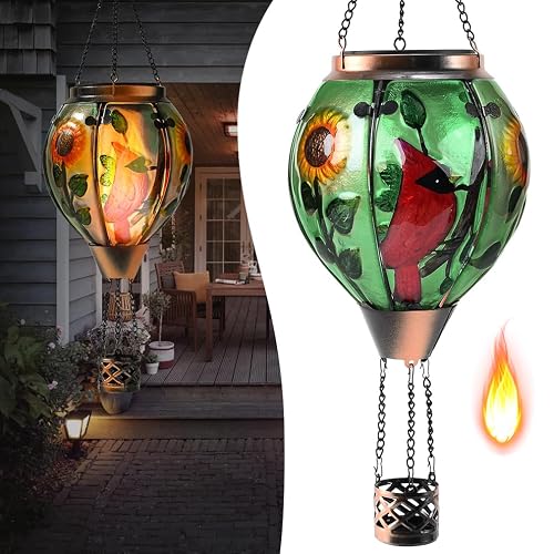 Hot Air Balloon Solar Lantern - Cardinal Bird Glass Lantern, Simulated Flickering & Dancing Flame, Outdoor Hanging Yard Light Waterproof IP65