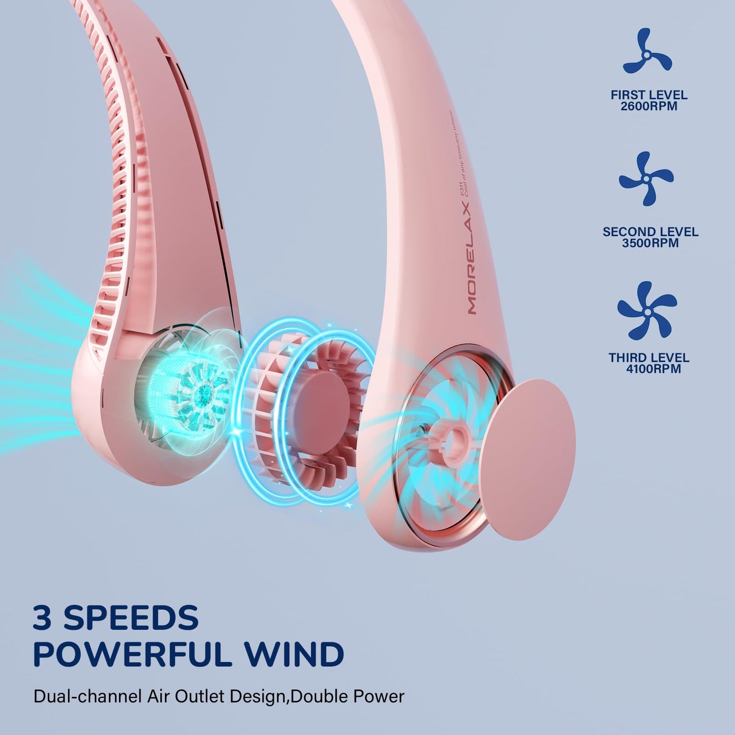 Morelax Neck Fan, USB Rechargeable Personal Fan, 3 Speeds Adjustable, Large air outlet Powerful Strong Wind, Adjustable, 360° Cooling, Super Quiet, No
