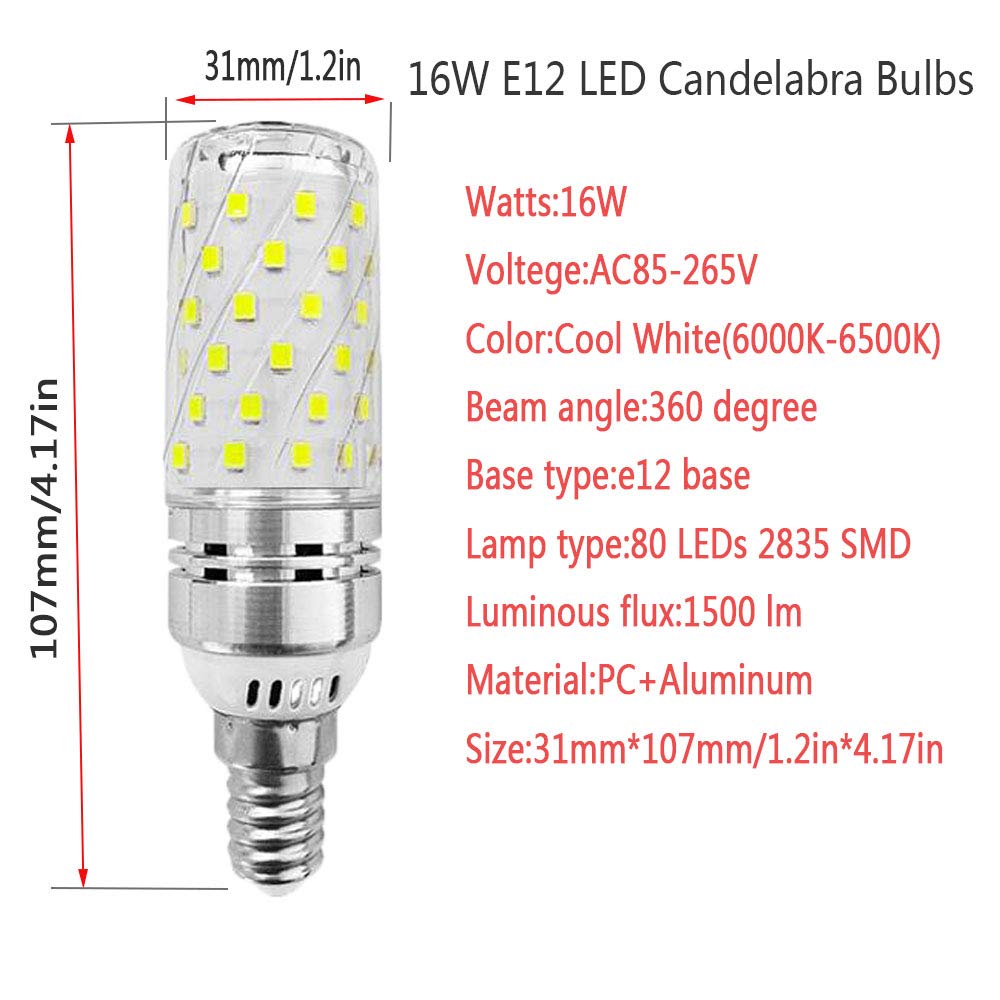 E12 LED Corn Bulbs 16W AC85-265V LED Candelabra Bulb (4 Pack) 80 LEDs 2835 SMD 1500LM 120W Incandescent Equivalent Decorative Candle Base E12 Corn LED