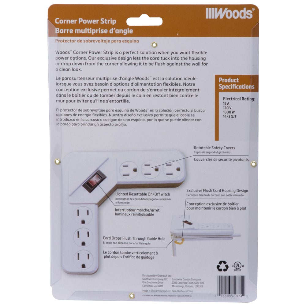 Woods 41374 6-Outlet Corner Power Strip, White,