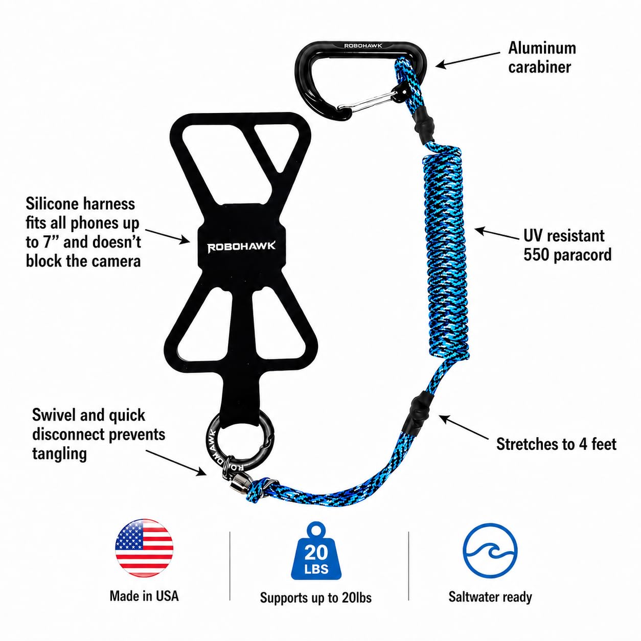 Robohawk Talon Universal Phone Harness and Tether System | Smartphone Lanyard for Fishing, Hiking, Skiing, Kayaking, and Outdoors - 4ft Stretch - Case