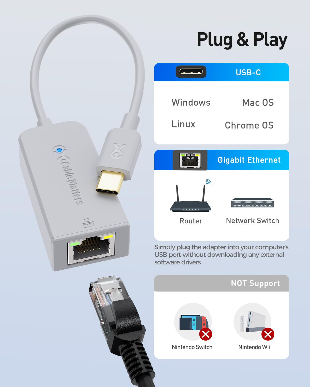 Cable Matters USB C to Ethernet Adapter, Gigabit Ethernet to USB C, Gray