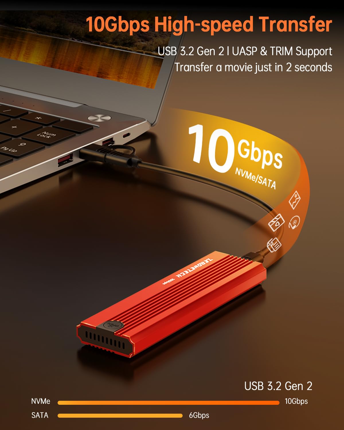 Red M.2 NVMe SATA SSD Enclosure Adapter Tool-Free, 10Gbps USB 3.2 Gen 2 USB C External, M.2 NVMe SATA to USB Reader, Support UASP Trim for M and B+M